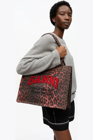 Ganni Red Leopard Print Canvas Tote Bag in Cotton Women