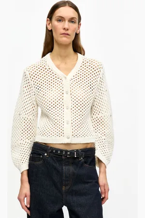 Ganni Off- Rhinestone Cotton Pointelle Cardigan Size Large Women