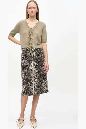 Ganni Leopard Cotton Tweed Midi Skirt Size 6 Women