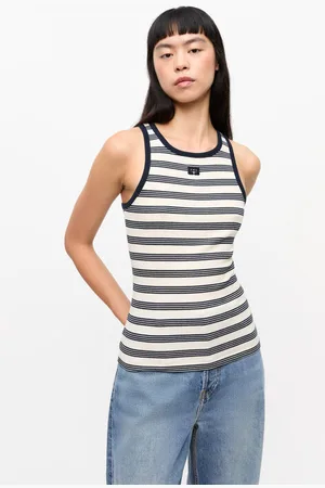 Ganni Striped Soft Cotton Rib Tank Top in Sky Captain Size Medium Women