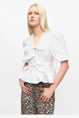 Ganni Washed Stretch Cotton Tie Strap Blouse in Bright Size 12 Women