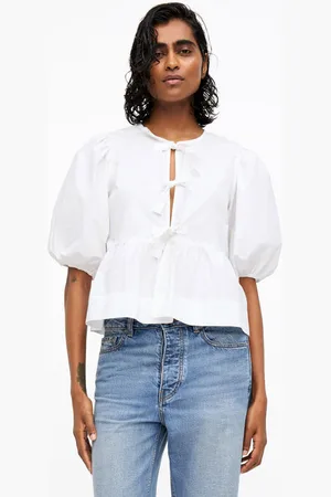Ganni Cotton Poplin Peplum Tie Blouse in Bright Size 12 Women
