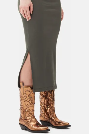 Ganni Gold Metallic Mid Shaft Embroidered Western Boots in Responsible Size 3 Polyurethane/Polyester/Viscose Women