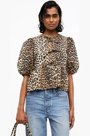 Ganni Leopard Cotton Poplin Peplum Tie Blouse Size 16 Women
