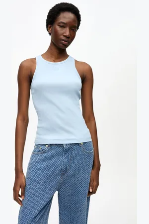 Ganni Blue Soft Cotton Rib Tank Top in Size Medium Women