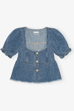 Ganni Blue Textured Denim Top in Size 8 Organic Cotton Women