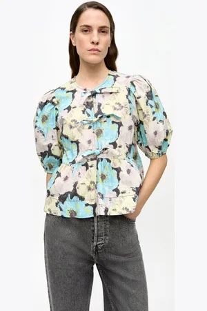 Ganni Floral Printed Cotton Peplum Blouse Size 4 Women