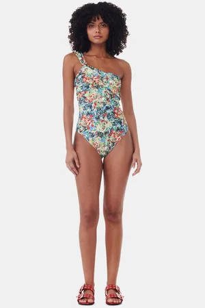 Ganni Recycled Printed Gathered Asymmetric Swimsuit Size 16 Women
