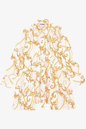 Ganni Long Sleeve Printed Cotton Poplin Gathered Panel Wide Mini Shirt Dress Size 14 Women