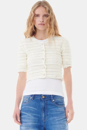 Ganni Off- Pointelle Short Sleeve Cardigan Size Large Organic Cotton Women