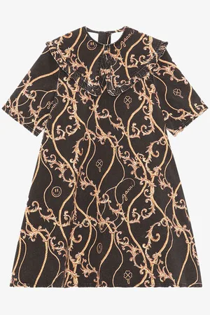 Ganni Short Sleeve Print Denim A-line Frill Collar Mini Dress in Size 8 Women