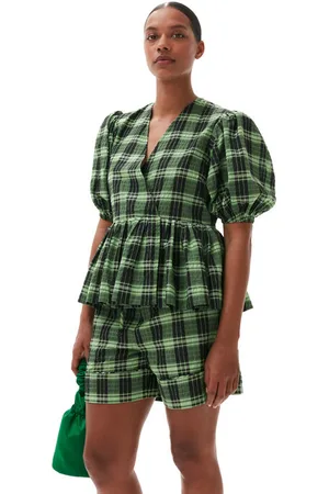 Ganni Balloon Sleeve Green Seersucker Check Wrap Blouse in Size 6 Women
