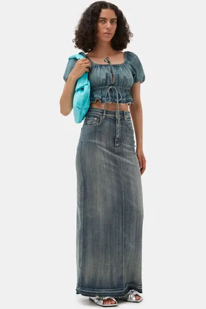 Ganni Short Sleeve Tint Edge Denim Puff Sleeve Top in Size 12 Organic Cotton Women