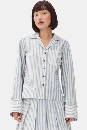 Ganni Blue Stripe Cotton Shirt in Egret Size 14 Women