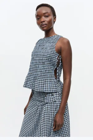 Ganni Blue Seersucker Check Smock Tie String Top in Size 4 Elastane/Organic Women