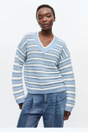 Ganni Blue Striped Cotton V-neck Jumper in Egret Size 2XS/XS Women