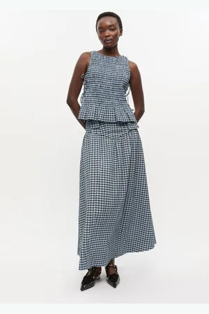 Ganni Blue Seersucker Check Long Skirt in Size 8 Elastane/Organic Women