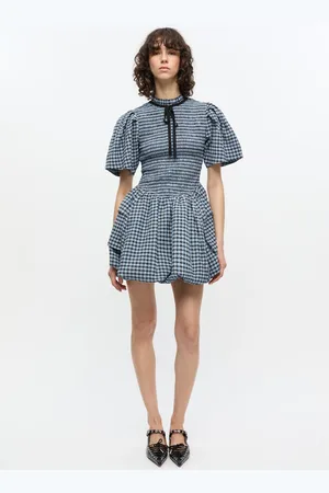 Ganni Blue Seersucker Check Mini Smock Dress Size 12 Elastane/Organic Women