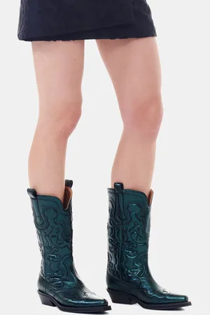 Ganni Green Metallic Mid Shaft Embroidered Western Boots in Responsible Size 5 Polyurethane/Polyester/Viscose Women