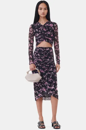 Ganni Floral Printed Mesh Ruched Midi Skirt Size 12 Women