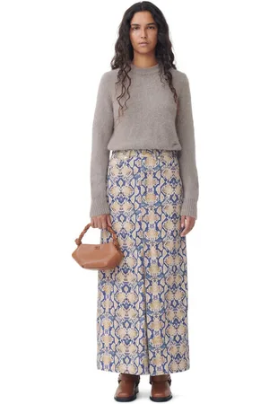 Ganni Snake Printed Denim Maxi Slit Skirt in Size 14 Women