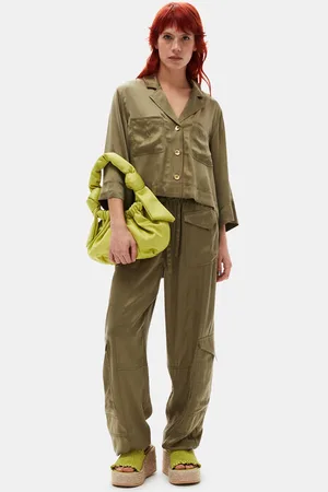 Ganni Long Sleeve Washed Satin Crop Shirt in Aloe Size 4 Women