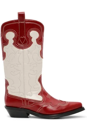 Ganni Red/White Mid Shaft Embroidered Western Boots in Size 6 Women