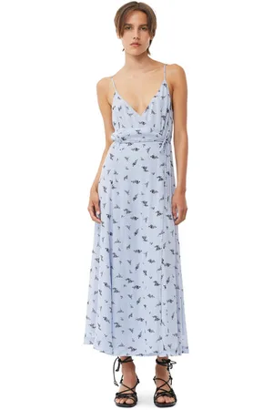 Ganni Printed Georgette Strap Wrap Dress in Brunnera Size 4 Viscose Women