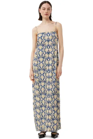 Ganni Snake Printed Crinkled Satin Midi Slip Dress in Size 16 Women