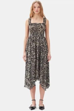 Ganni Printed Pleated Georgette Smock Midi Dress in Size 16 Polyester Women