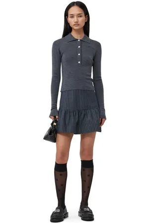 Ganni Stretch Striped Flounce Mini Skirt in Gray Pinstripe Size 12 Women