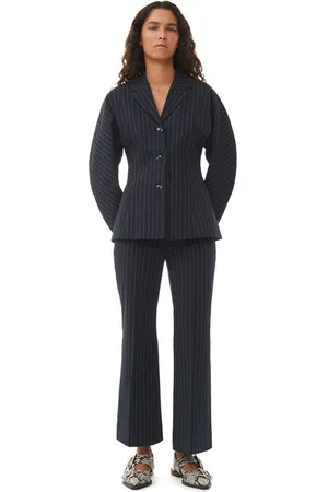 Ganni Striped Stretch Cropped Trousers in Sky Captain Size 32 Women