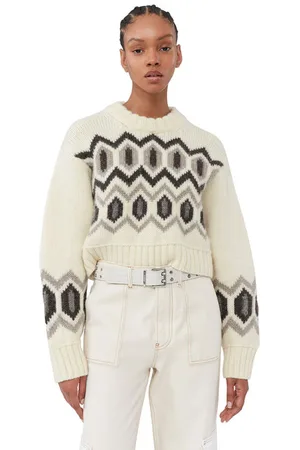 Ganni Long Sleeve Chunky Wool Cropped O-neck Sweater in Egret Size XL Women