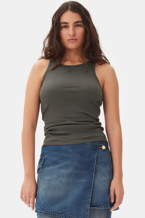 Ganni Green Soft Cotton Rib Tank Top in Size 2XL Women