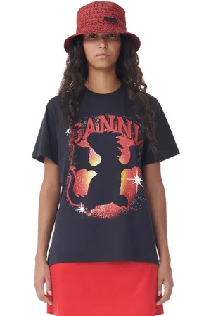 Ganni Printed Tech Bucket Hat in Fiery Size XS/Small Polyester Women