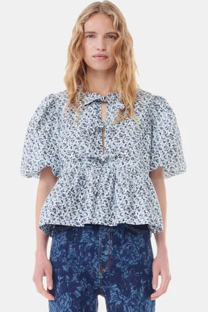 Ganni Floral Printed Cotton Poplin Peplum Blouse in Size 20 Women