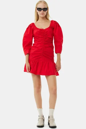 Ganni Red Cotton Poplin Gathered U-neck Mini Dress in Size 4 Women