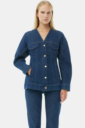 Ganni Denim Shaped Sleeve Rose Blazer Jacket in Rinse Size 14 Women