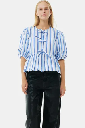 Ganni Blue Striped Cotton Poplin Peplum Tie Blouse in Size 18 Women