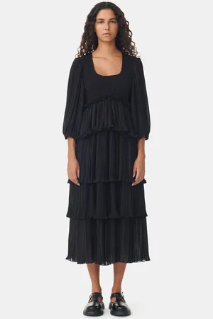 Ganni Pleated Georgette Flounce Smock Midi Dress in Size 10 Polyester Women