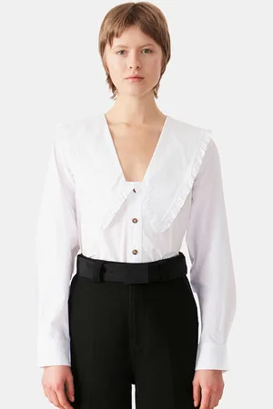 Ganni Cotton Poplin Frill Shirt in Bright Size 14 Women