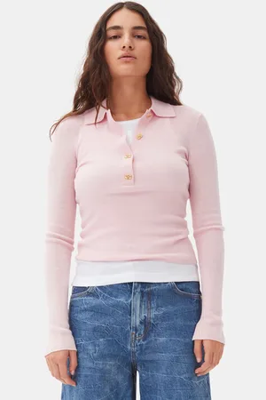 Ganni Pink Knitted Polo Shirt in Size 2XS Merino Wool Women