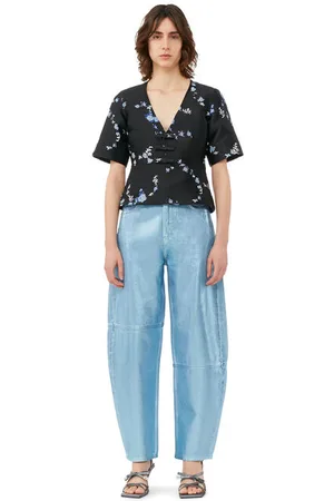 Ganni Short Sleeve /Blue 3D Jacquard V-neck Blouse in Size 6 Women