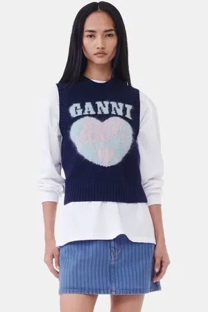 Ganni Graphic Soft Wool Mix Vest in Sky Captain Size Small Women