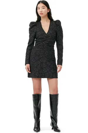 Ganni Long Sleeve Jacquard V-neck Mini Dress in Size 14 Polyester Women