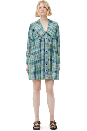 Ganni Long Sleeve Seersucker Check Wide Shirt Mini Dress in Size 12 Women