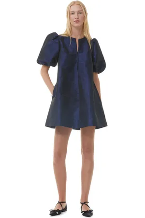 Ganni Short Sleeve Blue Shiny Taffeta Mini Dress Size 4 Polyester Women