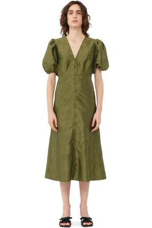 Ganni Short Sleeve Shiny Jacquard V-neck Midi Dress Size 4 Polyester Women