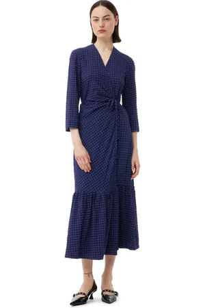 Ganni Blue Checkered Seersucker Gathered Midi Wrap Dress in Size 8 Women