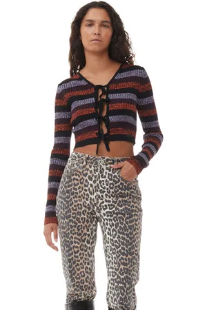Ganni Long Sleeve Striped Merino Rib Cropped Cardigan Size Small Merino Wool Women